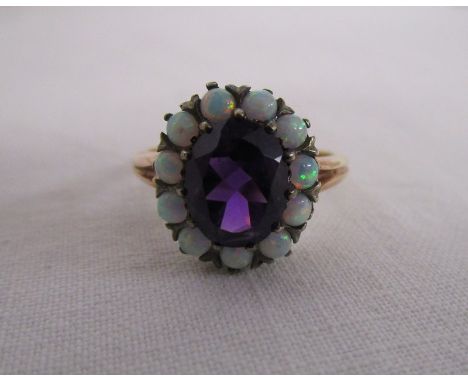 Gold opal and amethyst cluster ring