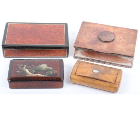 Four Georgian snuff boxes, one metal with William IV farthing on lid, a burred wood snuff box with mother of pearl insert, wi