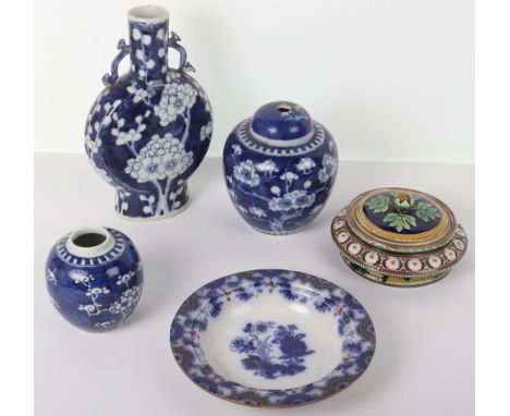 A Chinese blue and white moon flask, with ruyi (sceptre) handles, four character mark to base, 25cmH, with two ginger jars, a