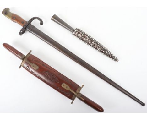 A French Gras rifle bayonet, 52cm blade with scabbard, with a modern Arabic dagger and Indian carving fork and knife in scabb