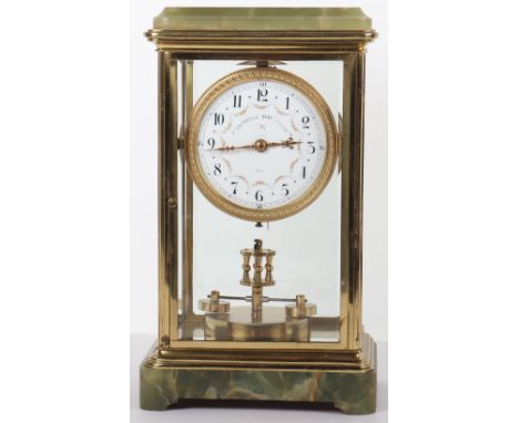 An early 20th century French Grivolas 400 day gilt metal and marble four glass bracket clock, white painted dial with Arabic 