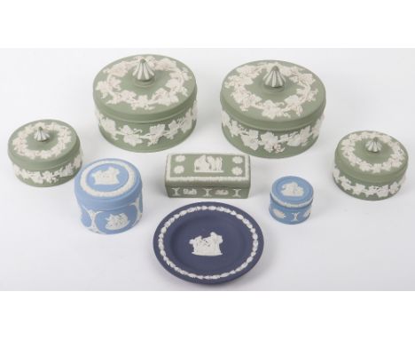Eight pieces of Wedgewood Jasperware, green and blue, largest 12cmDiam (8)