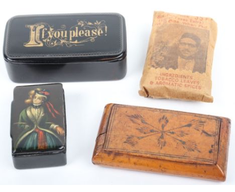 Three Georgian snuff boxes, one with ‘If You Please’ painted to lid, another with a painted lady, a burred wood snuff box, to