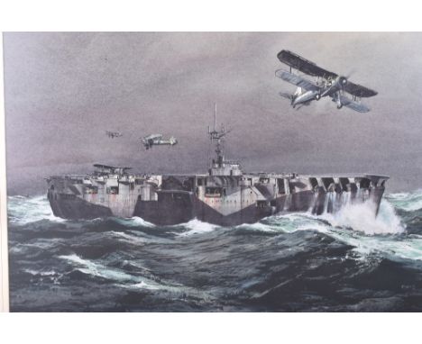 R Siger, watercolour, Swordfish squadron flying around HMS Ark Royal, signed to the lower corner with “79”. Mounted in a glaz