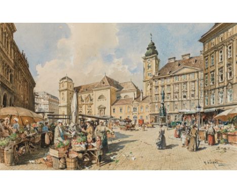 Reinhold VölkelMarkt auf der Freyung in Wien1902Aquarell auf Papier29 x 46 cm (Passep.-Ausschnitt)Signiert und datiert rechts