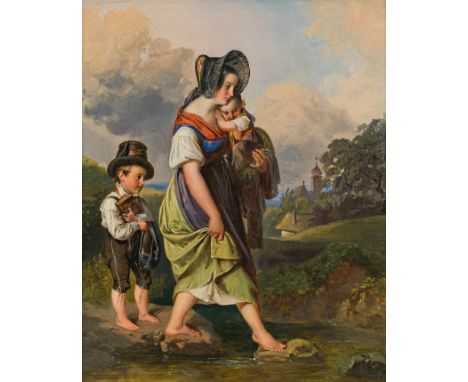 Johann Matthias RanftlMutter und ihre Kinder am Heimweg von der Kirche1836Öl auf Holz30 x 24 cmSigniert und datiert rechts un