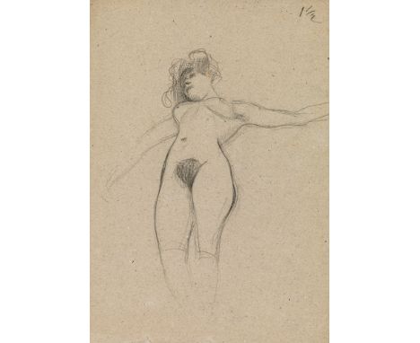 Gustav KlimtSchwebender Akt mit ausgebreiteten Armen (Studie für "Medizin")1897/98Schwarze Kreide auf Papier45,4 x 32 cmBezei