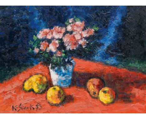Karl StarkStillleben mit Blumenvase und Obst1993Öl auf Leinwand60 x 80 cmSigniert und datiert links unten: K. Stark 93 österr