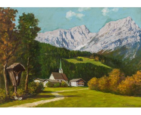 Karl PancheriBildstock vor GebirgsdorfÖl auf Hartfaserplatte34 x 47,5 cmSigniert rechts unten: K. Pancheriösterreichischer Pr