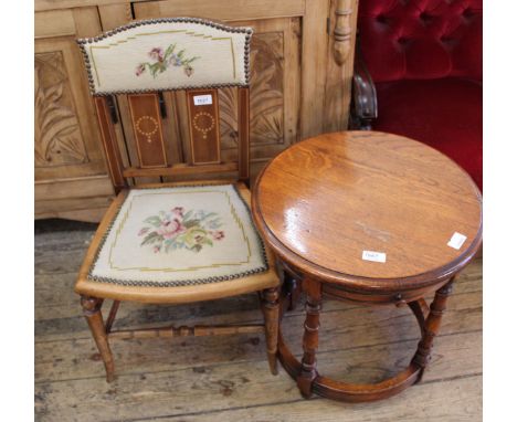 A small Edwardian mahogany inlaid chair with tapestry seat and back with and an oak occasional table