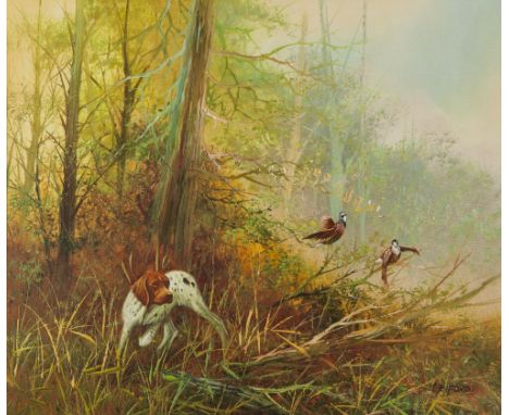 L. ELFORD (TWENTIETH/ TWENTY FIRST CENTURY) OIL PAINTING ON CANVAS Retriever startling two grouse in a wooded clearing signed