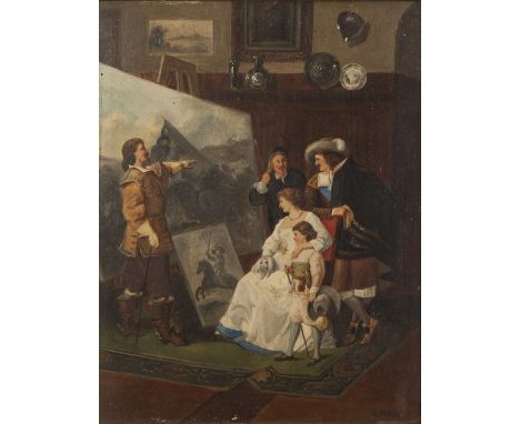 V. MANZ (LATE 19th CENTURY) PAIR OF OIL PAINTINGS ON WOOD PANEL 17th Century period interiors, family admiring an artist's wo