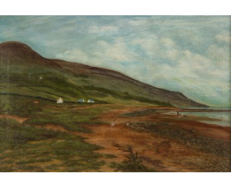 ARMSTRONG (TWENTIETH CENTURY) OIL PAINTING ON CANVAS Coastal scene with cottages and figures Signed and titled, both partly h
