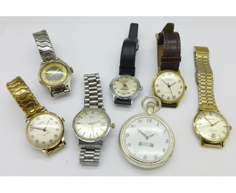 Six wristwatches including Ingersoll, Timex, Accurist and Smiths Empire, and a pocket watch