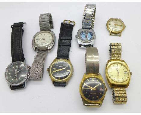 Wristwatches including Seiko automatic, Roamer Searock, Sekonda and Timex, (7)