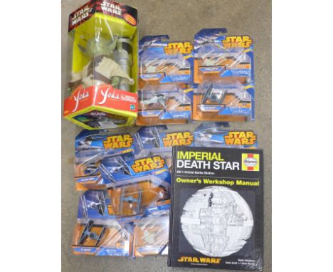Star Wars; Interactive Yoda, ten Hot Wheels in bubble packs, (some duplicates) and a Haynes Imperial Death Star manual