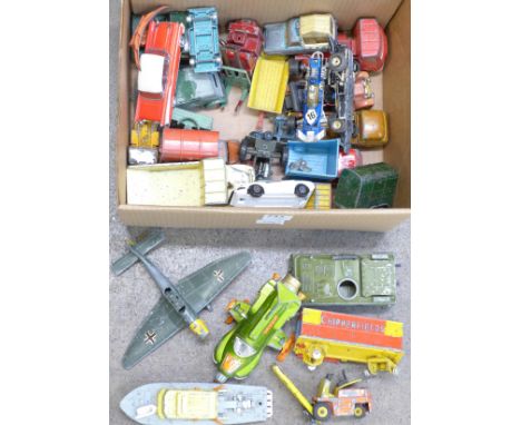 A collection of die-cast model vehicles, boat and plane, Dinky and Corgi, playworn