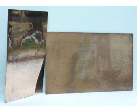 Two copper printing plates for printing £100 share certificates for Wollaton Colliery c.1890