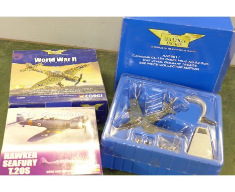 Two Corgi Aviation Archive die-cast aeroplanes, Junkers JU87B-2, AA32504X Canadair CL-13A Sabre Mk4 and a die-cast model aero