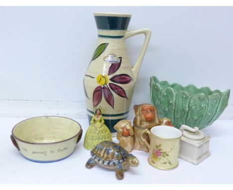 A Royal Worcester mug, a/f, Sylvac vase, a German vase, Torquay Ware, Wade, etc.