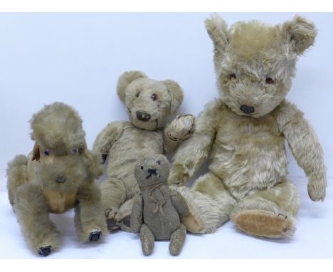 Three vintage Teddy bears and a poodle, poodle made in Japan