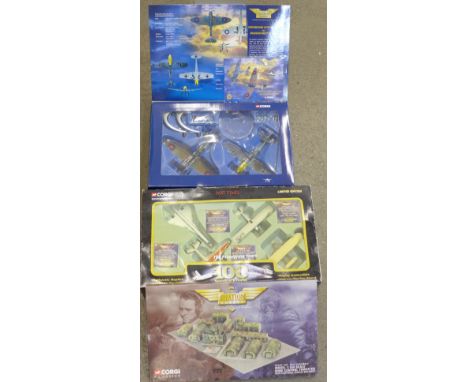 A Corgi Pastimes aeroplane set, 100 Years of Flight, a Corgi The Aviation Archive Supermarine Spitfire Mk1 and a Messerschmit