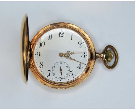   Guillochierte Savonette  14 K Gold-Deckel, Metall-Staubdeckel, weißes Ziffernblatt mit arabischen Stundenzahlen sowie leich