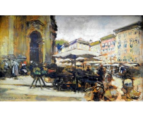   Theodor Josef Ethofer, 1849 Wien - 1915 Baden bei Wien  Öl/Holz. Marktszene vor der Salzburger Kollegienkirche. Das spätimp