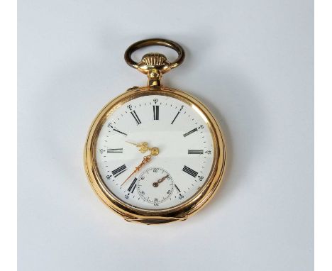  Guillochierte Savonette  14 K Gold-Deckel, Metall-Staubdeckel, weißes Ziffernblatt mit arabischen Minuten- und römischen St