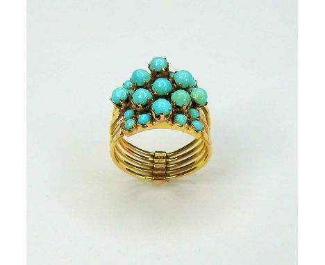   Damenring mit Türkisen  14 K Gold. Detailreich gearbeiteter und gegliederter Damenring, besetzt mit 25 Türkisen. Gebr.sp., 