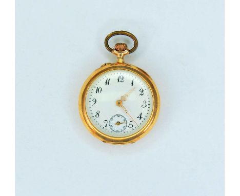   Kleine guillochierte Savonette  14 K Gold-Deckel, Metall-Staubdeckel. Weißes Ziffernblatt mit römischen Stundenzahlen sowie