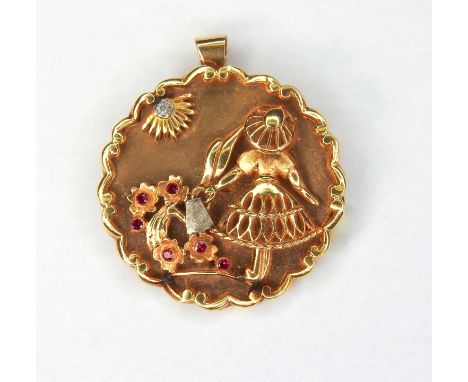   Prächtige Damenbrosche  18 K Roségold. Brosche, als Anhänger gestaltet. Ein Mädchen beim Blumengießen dargestellt. Teilweis