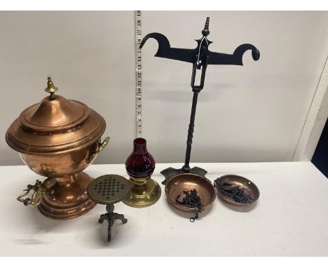 A pair of antique wrought iron and copper samovar and brass lamp base, shipping unavailable