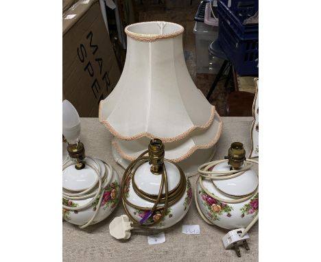 Three Royal Albert Old Country Roses lamp bases with shades tallest 24cm without shade, shipping unavailable