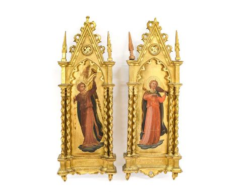 After Fra Angelico: Angels Playing Musical Instruments, oil, on a gold ground, in carved and gilt Neo-Gothic frames70cm by 28