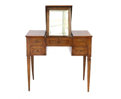 An Italian Provincial Walnut and Marquetry-Inlaid Dressing Table, part 18th century, the hinged lid enclosing a later four-gl