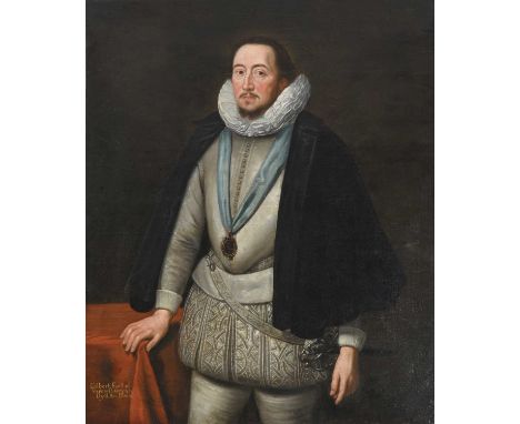 Follower of Daniel Mytens (c.1590-1647) DutchPortrait of Gilbert, Earl of Shrewsbury, three-quarter length standing, wearing 