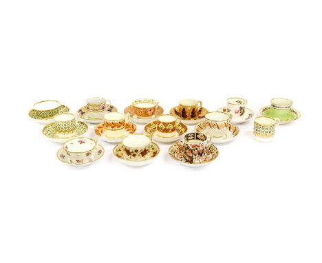 A Pair of Bloor Derby Porcelain Coffee Cans, Saucers and A Teacup, circa 1830, painted in green and gilt with latticework, pr