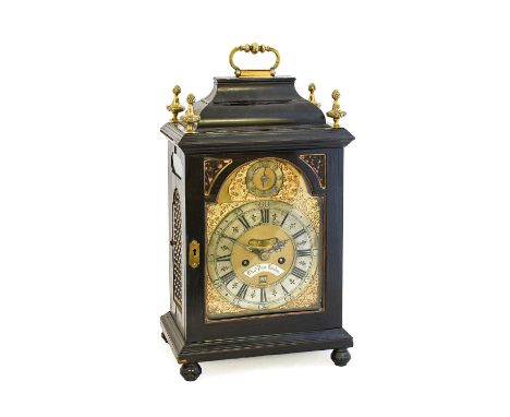 An Ebony Veneered Striking Table Clock, signed Thos Parr, London, 18th century, inverted bell top with carrying handle, later