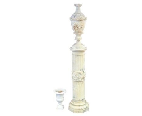 A 19th Century Italian Carved and Grey Veined Alabaster Vase, upon a columnar stand, the vase with an inverted bowl of swept 