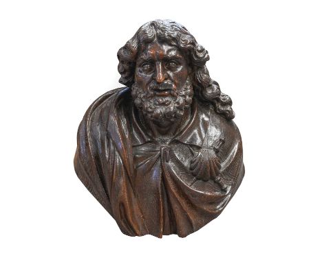 A Carved Oak Bust of St James, possibly French, 17th century, the bearded figure wearing a cloak with applied scallop shell65