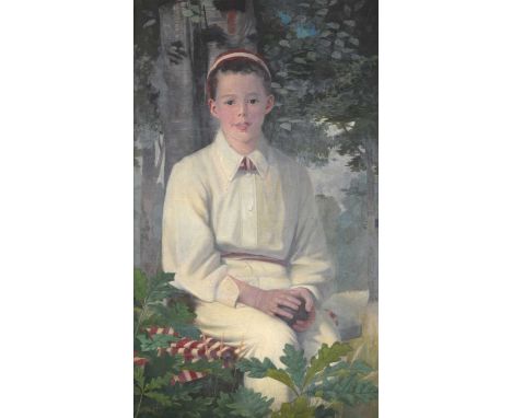 British school (19th/20th century)Portrait of a young cricketer, historically known as a member of the Pease family, seated b