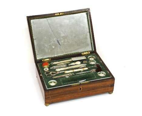 A Rosewood and Marquetry Musical Necessaire, late 19th century, of rectangular form with hinged cover with floral panel enclo