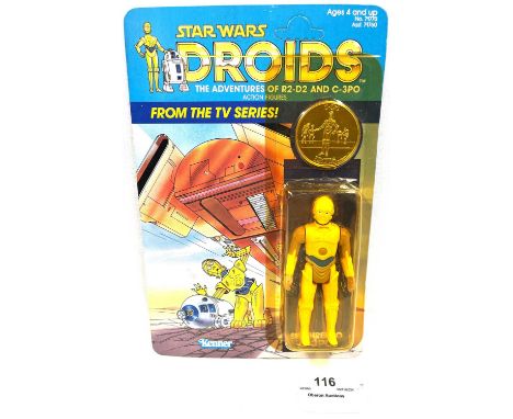 Kenner Star Wars vintage Droids C-3PO 3 3/4" figure MOC, Mint, within Fair (small crack, dented and yellowed) bubble, upon Go