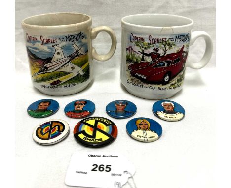Gerry Anderson vintage Captain Scarlet Washington Pottery Mugs x 2 1967, Both Good Plus and vintage Badges x 7, all Excellent