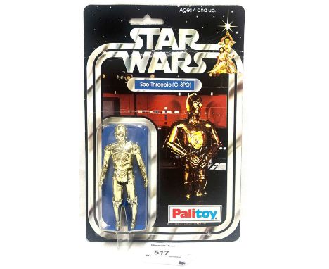 Palitoy Star Wars vintage C3-PO 3 3/4" figure, Mint, within Near Mint bubble, upon Good (creased) punched 12A back card.