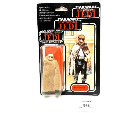 Palitoy vintage Star Wars Tri-Logo Prune Face 3 3/4" figure, Mint, within Good (dented) bubble, upon Good (light creasing and
