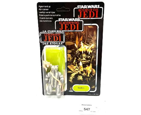 Palitoy vintage Star Wars Tri-Logo Teebo 3 3/4" figure, Mint, within Good (dented) bubble, upon Good (light creasing and surf