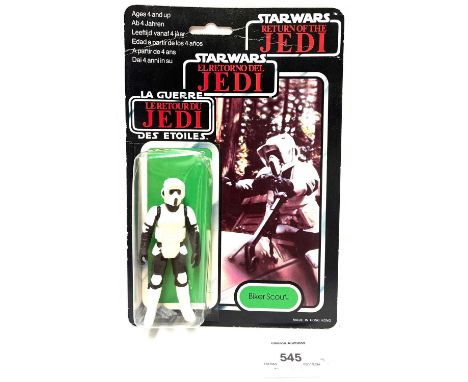 Palitoy vintage Star Wars Tri-Logo Biker Scout 3 3/4" figure, Good Plus (discoloured torso), within Good (dented) bubble, upo
