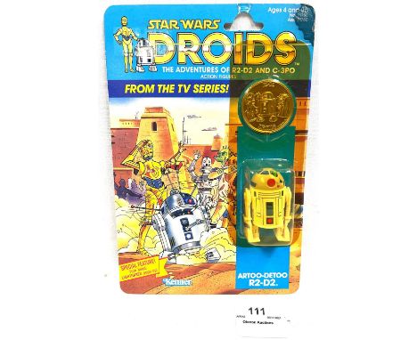Kenner Star Wars vintage Droids R2-D2 pop-up saber 3 3/4" figure MOC, Mint, within Fair (cracked and yellowed) bubble, upon F